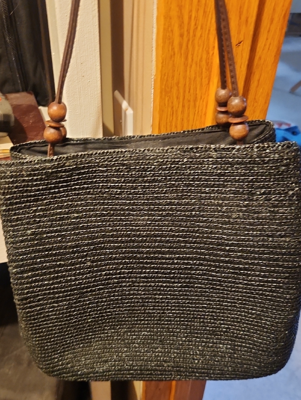 Woven Black Shoulder Bag with Wooden Bead Detail